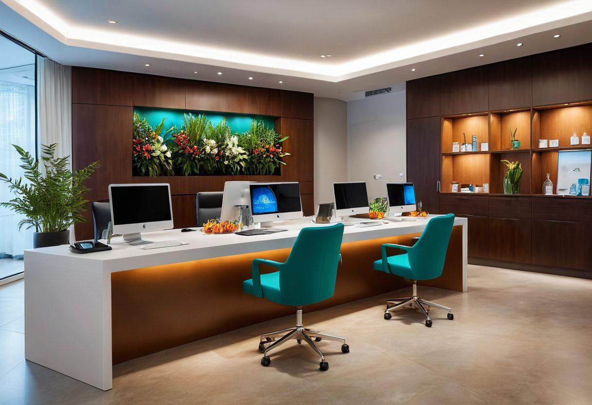 A sleek, modern insurance office featuring bottles of various fragrances on the desk, surrounded by digital screens displaying e-commerce data and analytics. A floral backdrop with aromatic herbs subtly intertwined around the office decor creates a sensory experience. Soft, warm lighting enhances the inviting atmosphere. super-realistic. vibrant colors. modern design.