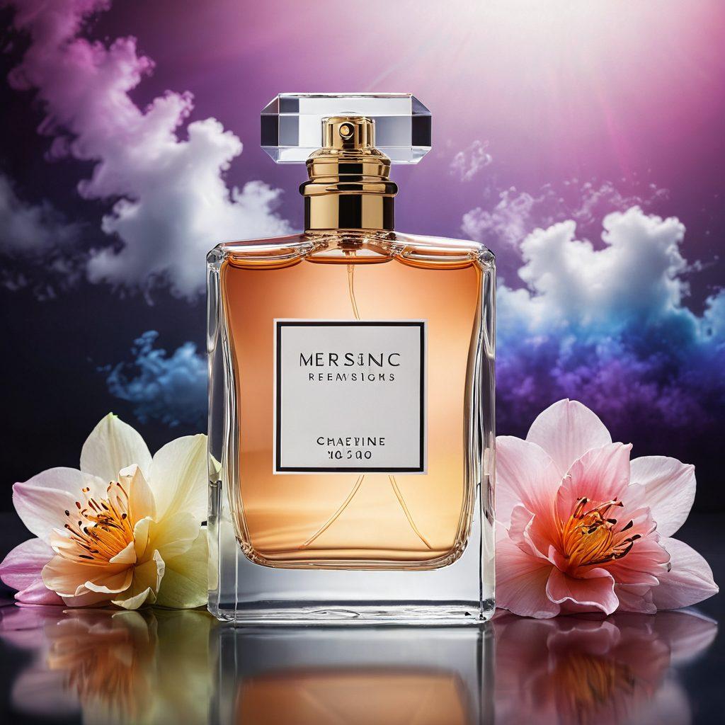 An elegant perfume bottle surrounded by swirling fragrant clouds, interspersed with innovative insurance documents and modern technology elements like graphs and charts. The background features a lush floral landscape symbolizing the fragrance industry. Soft, warm lighting enhances the inviting atmosphere. super-realistic. vibrant colors. 3D.