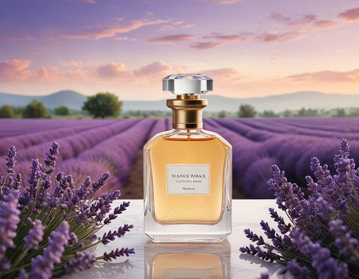 A fragrant, elegant perfume bottle surrounded by soft, swirling smoke and a protective shield. In the background, hints of insurance documents and calming lavender fields create a sense of security and tranquility. Bright and inviting colors to convey the essence of fragrance and safety. super-realistic. vibrant colors. light pastel background.